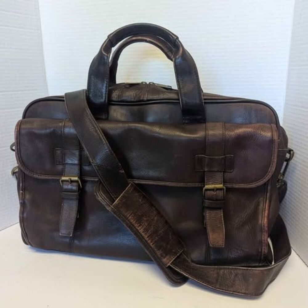 Pelle Studio Distressed Rich Chocolate Leather Crossbody Messenger Bag Briefcase